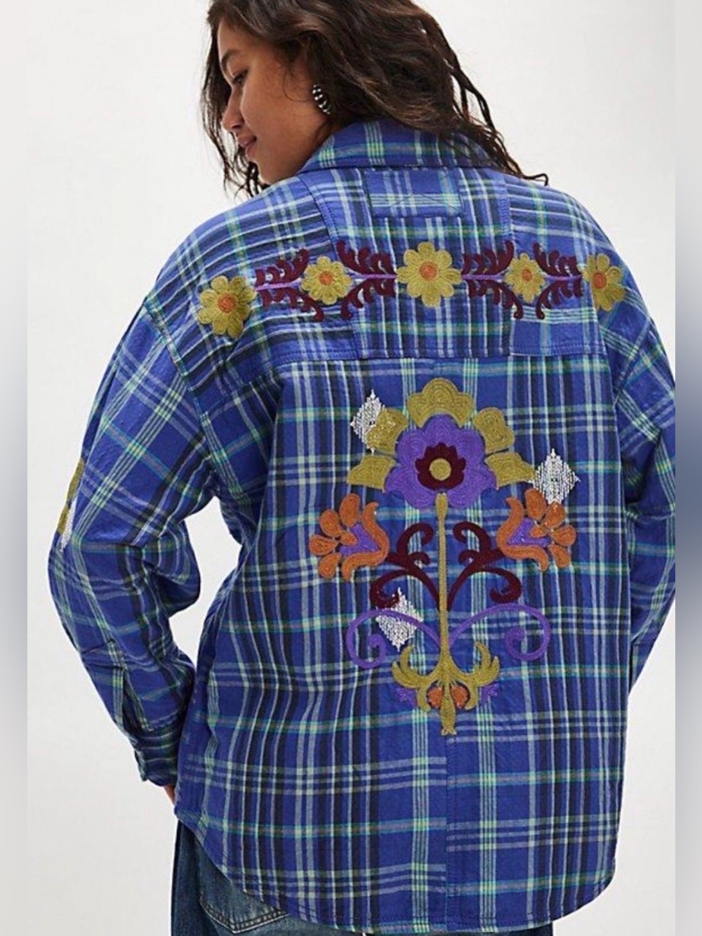 We The Free Purple Plaid Button-Down Shirt with Floral Embroidery